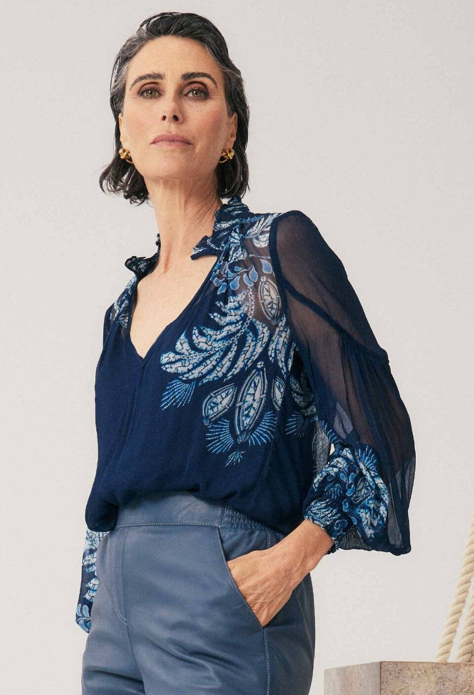 ONCE WAS Colette Viscose Chiffon Print Shirred Collar Blouse - Moonlit Batik Shirts &amp; Blouses - Zabecca Living
