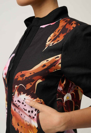 ONCE WAS Delray Reversible Printed Linen Viscose & Placement Embroidered Jacket - Sunset Orchid/Noir Orchid Jacket - Zabecca Living