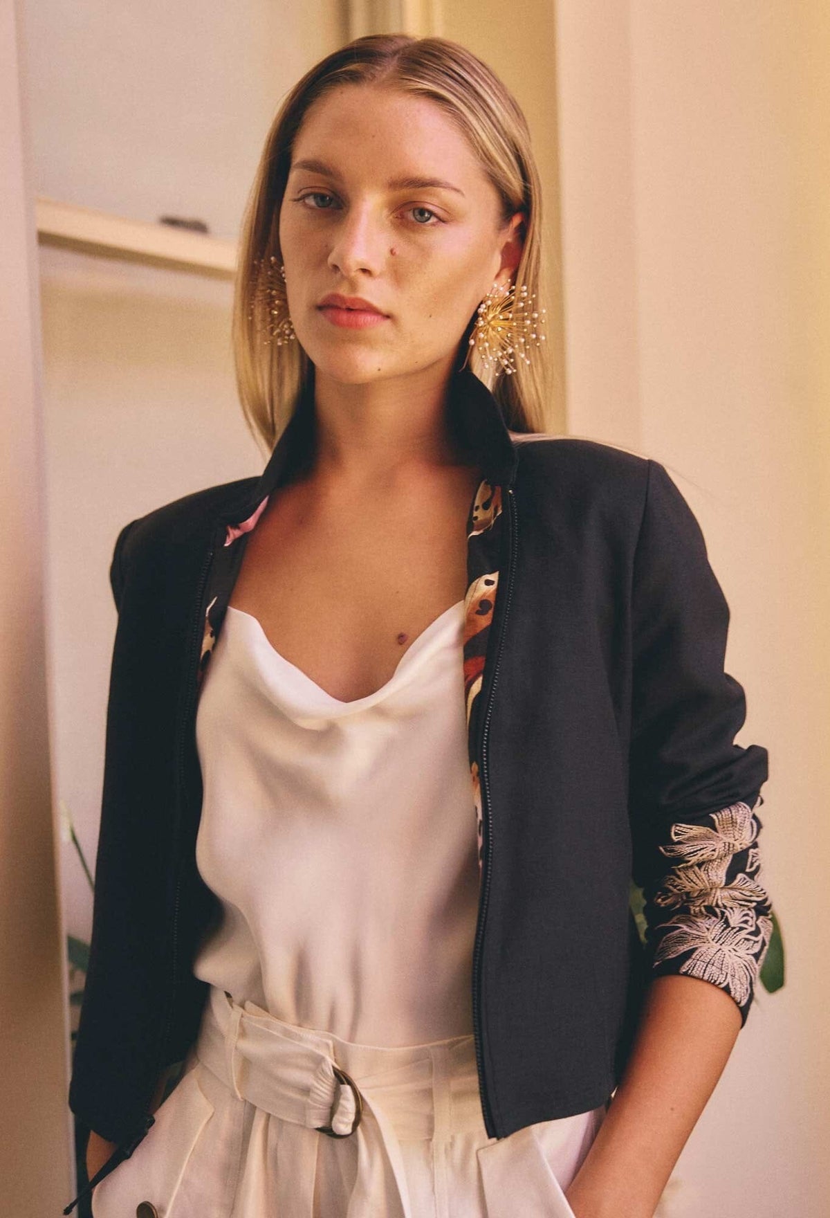 ONCE WAS Delray Reversible Printed Linen Viscose & Placement Embroidered Jacket - Sunset Orchid/Noir Orchid Jacket - Zabecca Living