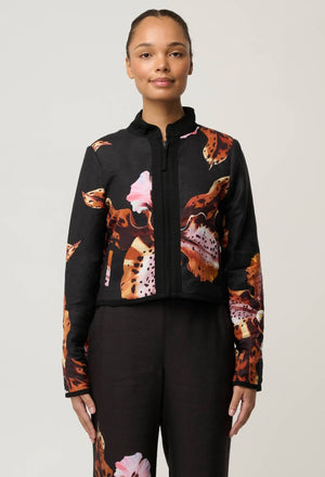ONCE WAS Delray Reversible Printed Linen Viscose & Placement Embroidered Jacket - Sunset Orchid/Noir Orchid Jacket - Zabecca Living