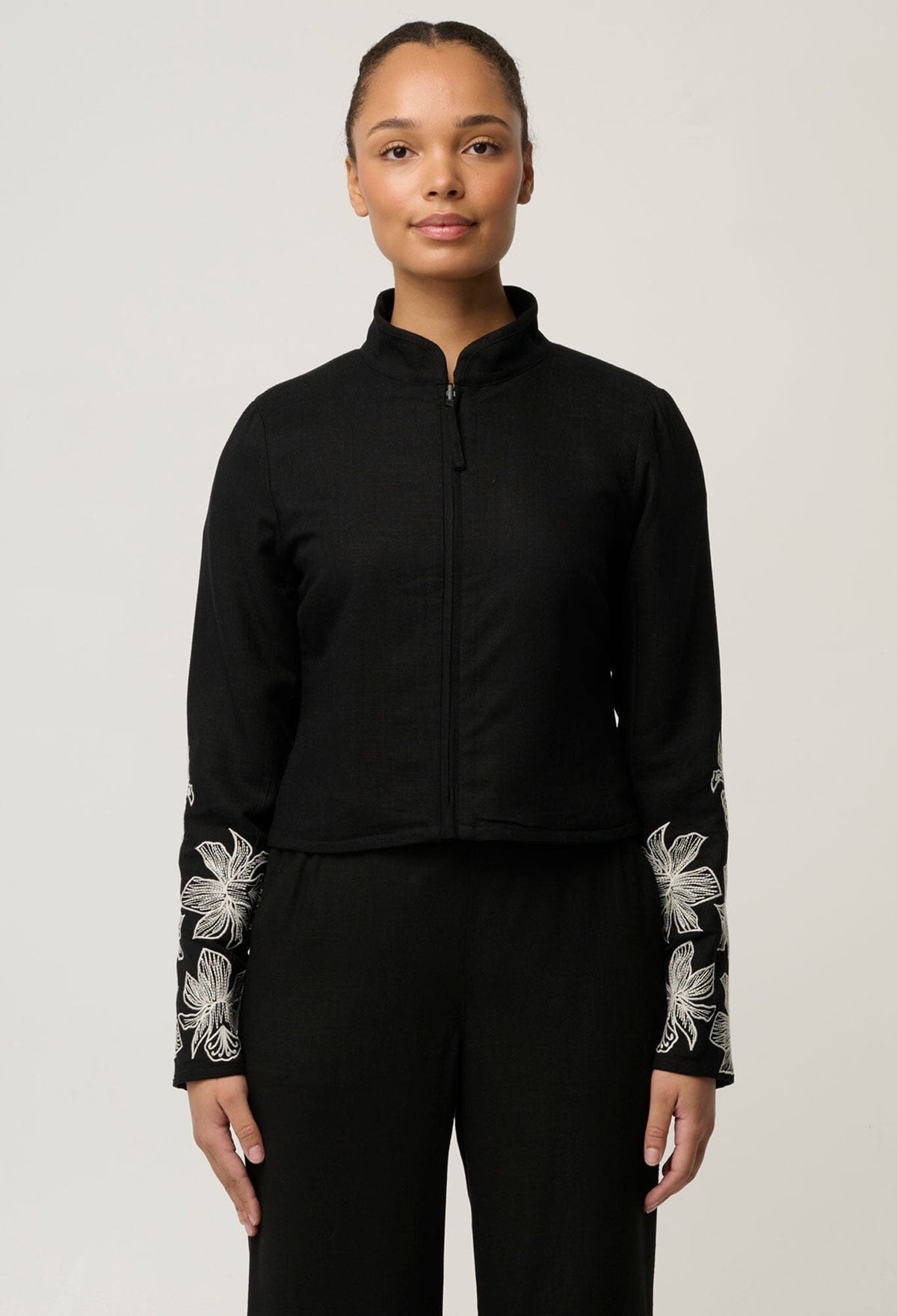 ONCE WAS Delray Reversible Printed Linen Viscose & Placement Embroidered Jacket - Sunset Orchid/Noir Orchid Jacket - Zabecca Living