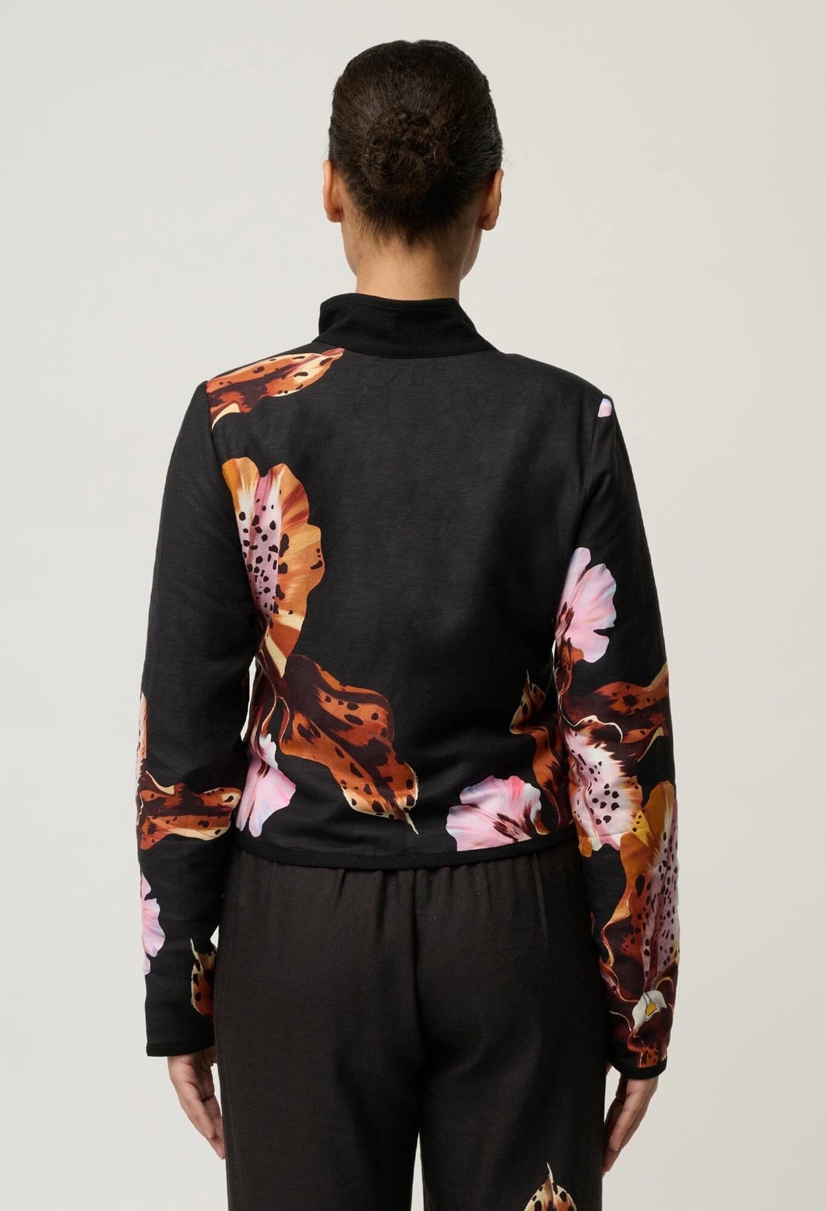 ONCE WAS Delray Reversible Printed Linen Viscose & Placement Embroidered Jacket - Sunset Orchid/Noir Orchid Jacket - Zabecca Living