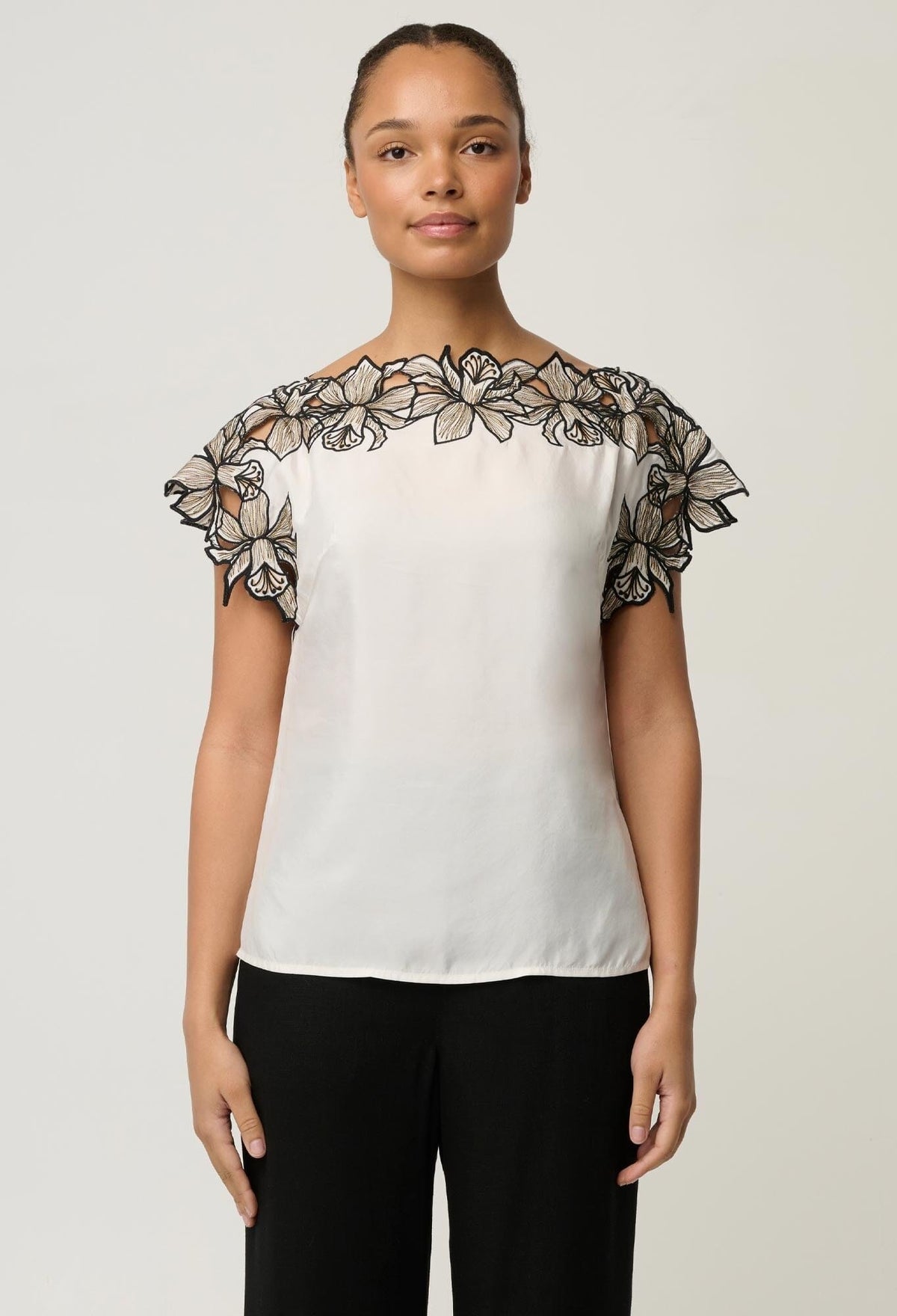 ONCE WAS Eleanor Cupro Blend Embroidery Detail Wide Neck Top - Ivory Shirts & Blouses - Zabecca Living