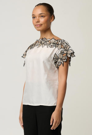 ONCE WAS Eleanor Cupro Blend Embroidery Detail Wide Neck Top - Ivory Shirts & Blouses - Zabecca Living