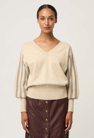 ONCE WAS Elsie Cotton Cashmere Blend V Neck Jacquard Knit - Cream Braid Jumpers + Knitwear - Zabecca Living