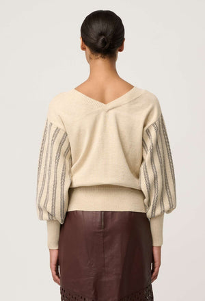 ONCE WAS Elsie Cotton Cashmere Blend V Neck Jacquard Knit - Cream Braid Jumpers + Knitwear - Zabecca Living
