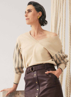ONCE WAS Elsie Cotton Cashmere Blend V Neck Jacquard Knit - Cream Braid Jumpers + Knitwear - Zabecca Living