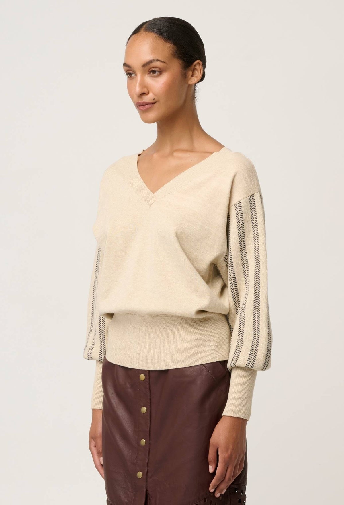 ONCE WAS Elsie Cotton Cashmere Blend V Neck Jacquard Knit - Cream Braid Jumpers + Knitwear - Zabecca Living
