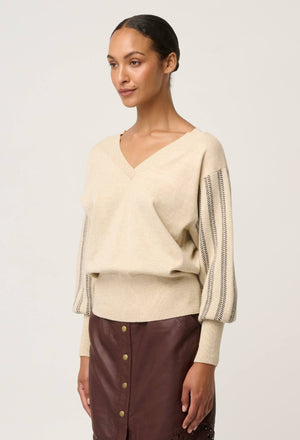ONCE WAS Elsie Cotton Cashmere Blend V Neck Jacquard Knit - Cream Braid Jumpers + Knitwear - Zabecca Living