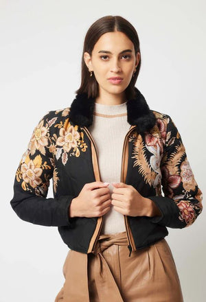 ONCE WAS Empress Cupro Viscose Bomber Jacket - Dragon Flower Jacket - Zabecca Living