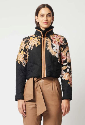 ONCE WAS Empress Cupro Viscose Bomber Jacket - Dragon Flower Jacket - Zabecca Living