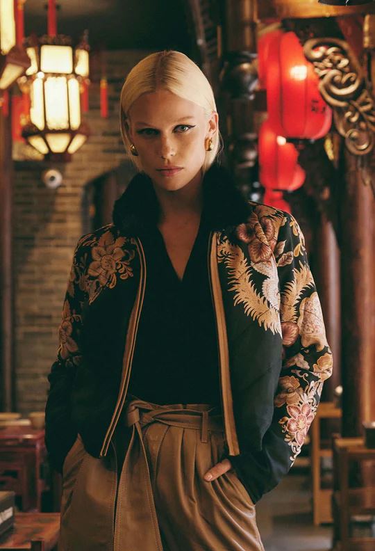 ONCE WAS Empress Cupro Viscose Bomber Jacket - Dragon Flower