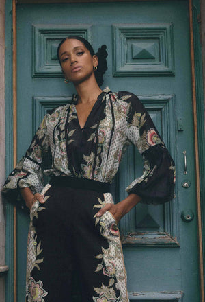 ONCE WAS Espada Cotton Silk Blouse - Mariposa Nero Shirts & Blouses - Zabecca Living