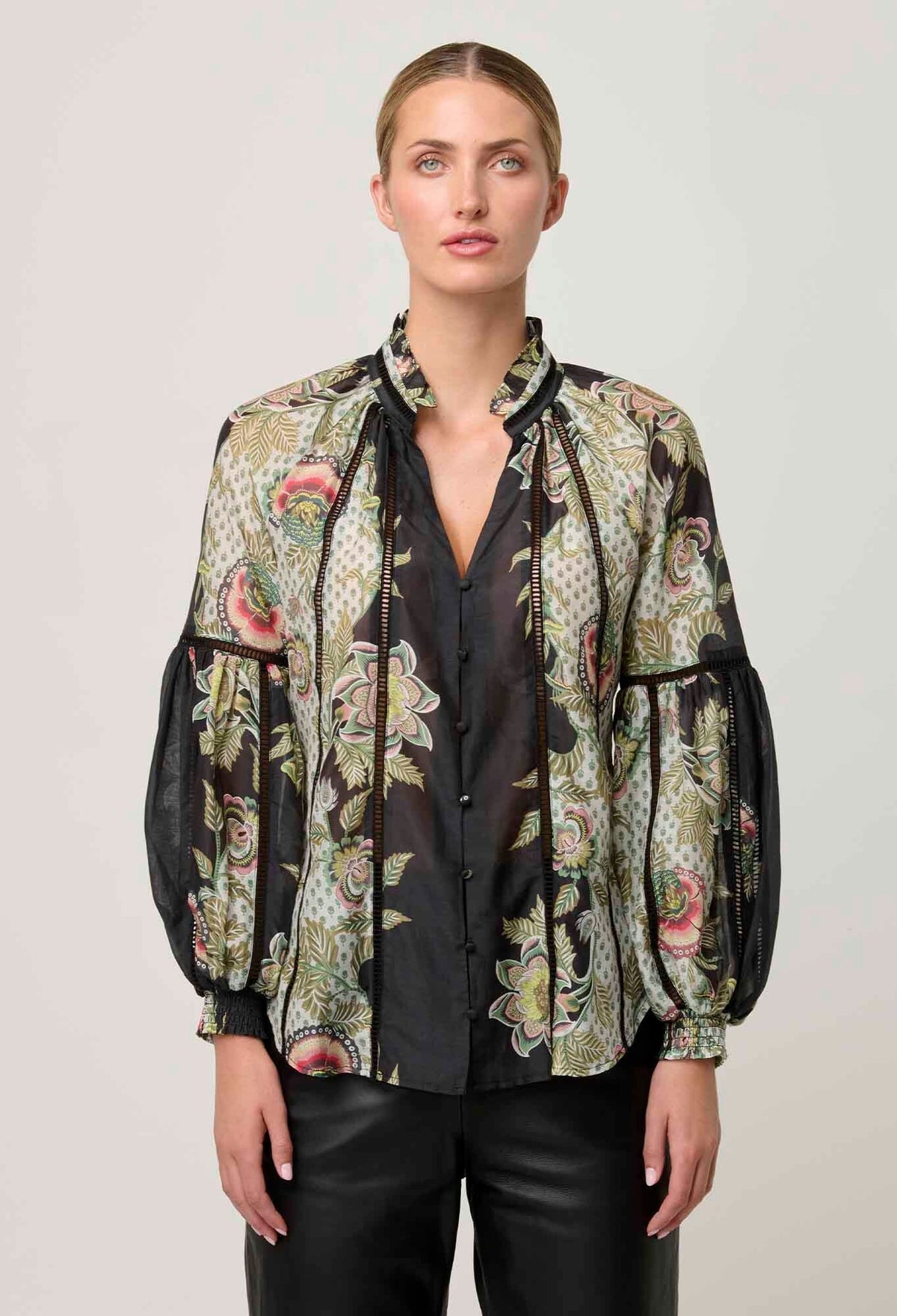 ONCE WAS Espada Cotton Silk Blouse - Mariposa Nero Shirts &amp; Blouses - Zabecca Living