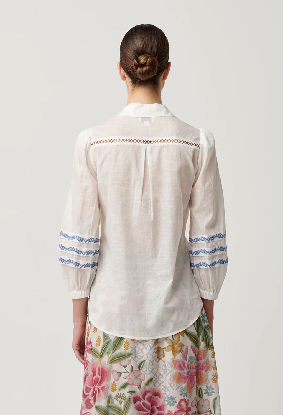 ONCE WAS Fleurine Embroidered Cotton Slub Shirt - Milk Shirts & Blouses - Zabecca Living
