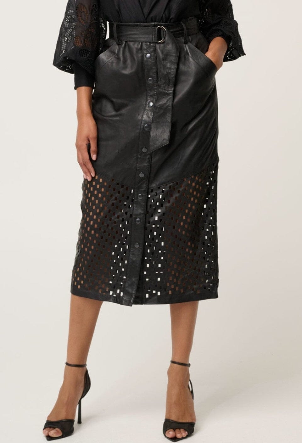 ONCE WAS Hypnotic Leather Custom Laser Midi Skirt - Black Lattice Skirt - Zabecca Living