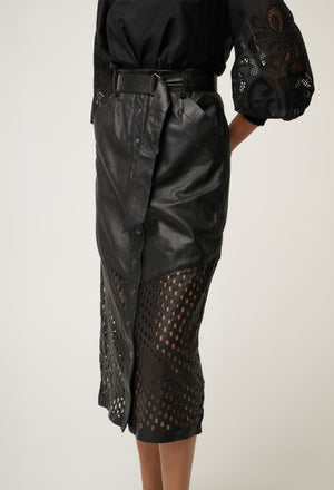 ONCE WAS Hypnotic Leather Custom Laser Midi Skirt - Black Lattice Skirt - Zabecca Living
