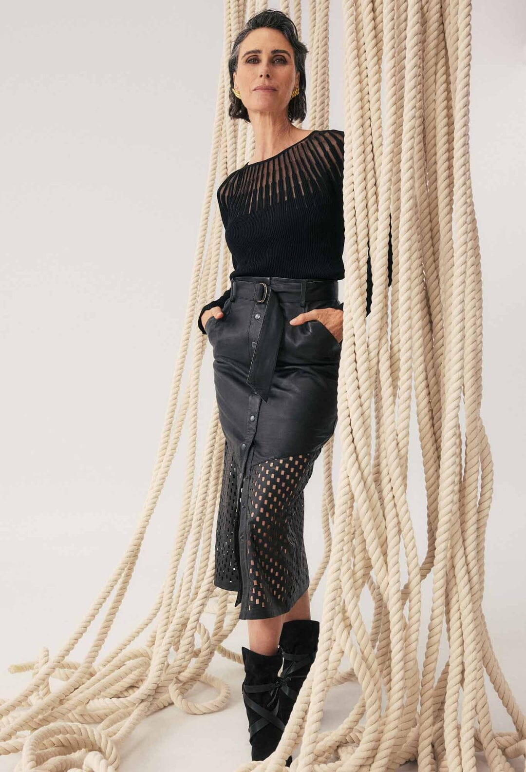 ONCE WAS Hypnotic Leather Custom Laser Midi Skirt - Black Lattice Skirt - Zabecca Living