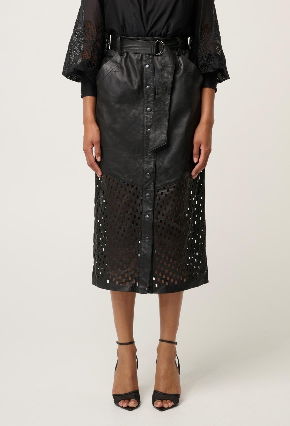 ONCE WAS Hypnotic Leather Custom Laser Midi Skirt - Black Lattice Skirt - Zabecca Living