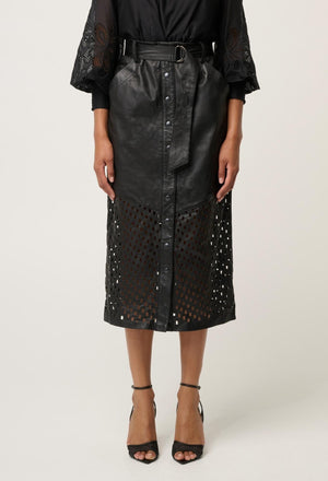 ONCE WAS Hypnotic Leather Custom Laser Midi Skirt - Black Lattice Skirt - Zabecca Living