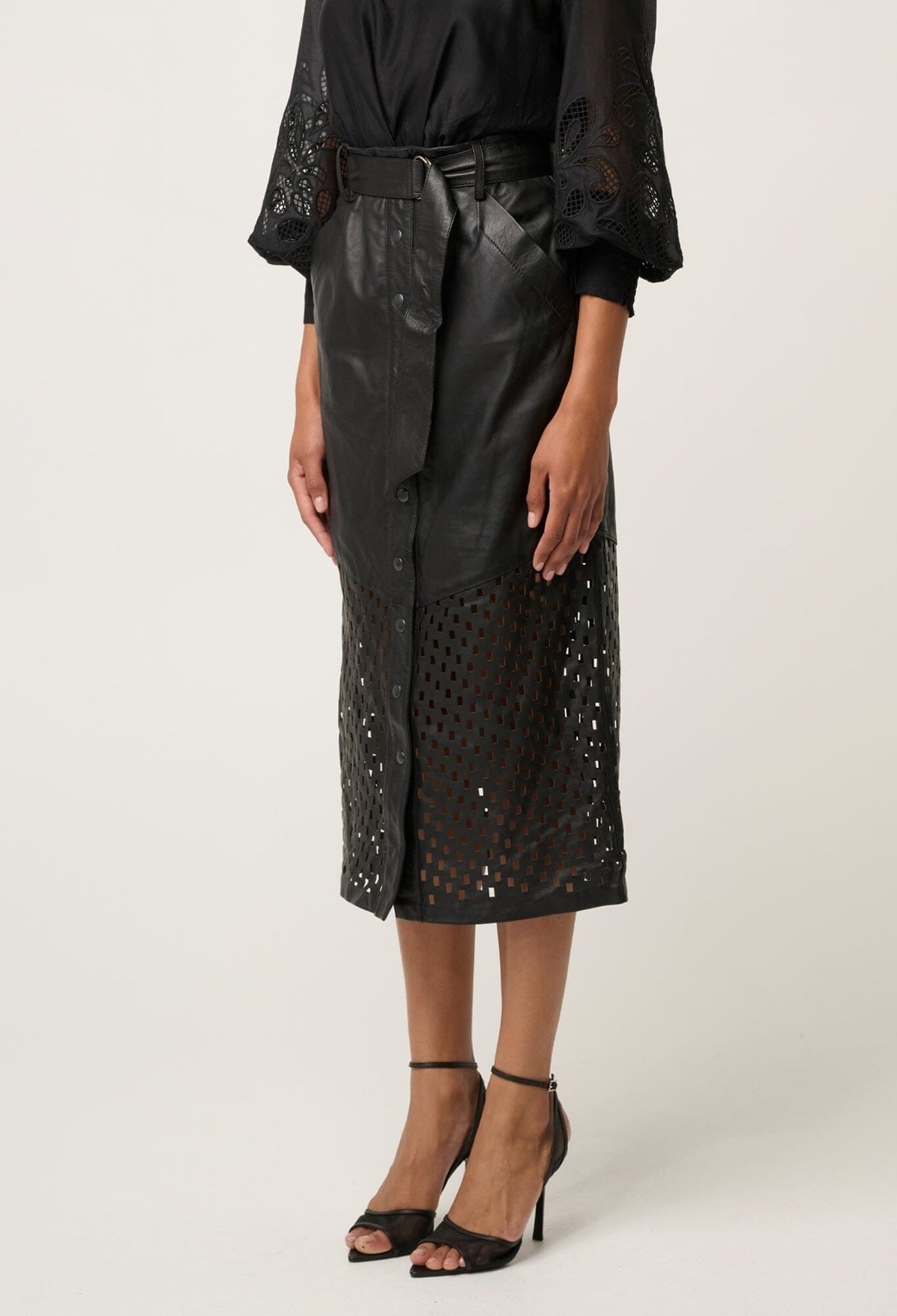 ONCE WAS Hypnotic Leather Custom Laser Midi Skirt - Black Lattice Skirt - Zabecca Living
