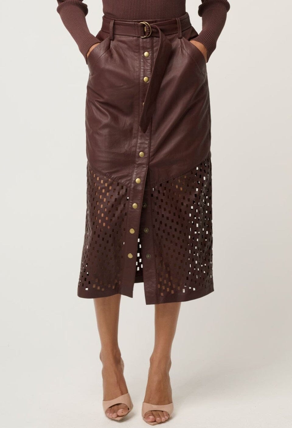 ONCE WAS Hypnotic Leather Custom Laser Midi Skirt - Oxblood Lattice Skirt - Zabecca Living
