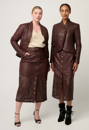 ONCE WAS Hypnotic Leather Custom Laser Midi Skirt - Oxblood Lattice Skirt - Zabecca Living