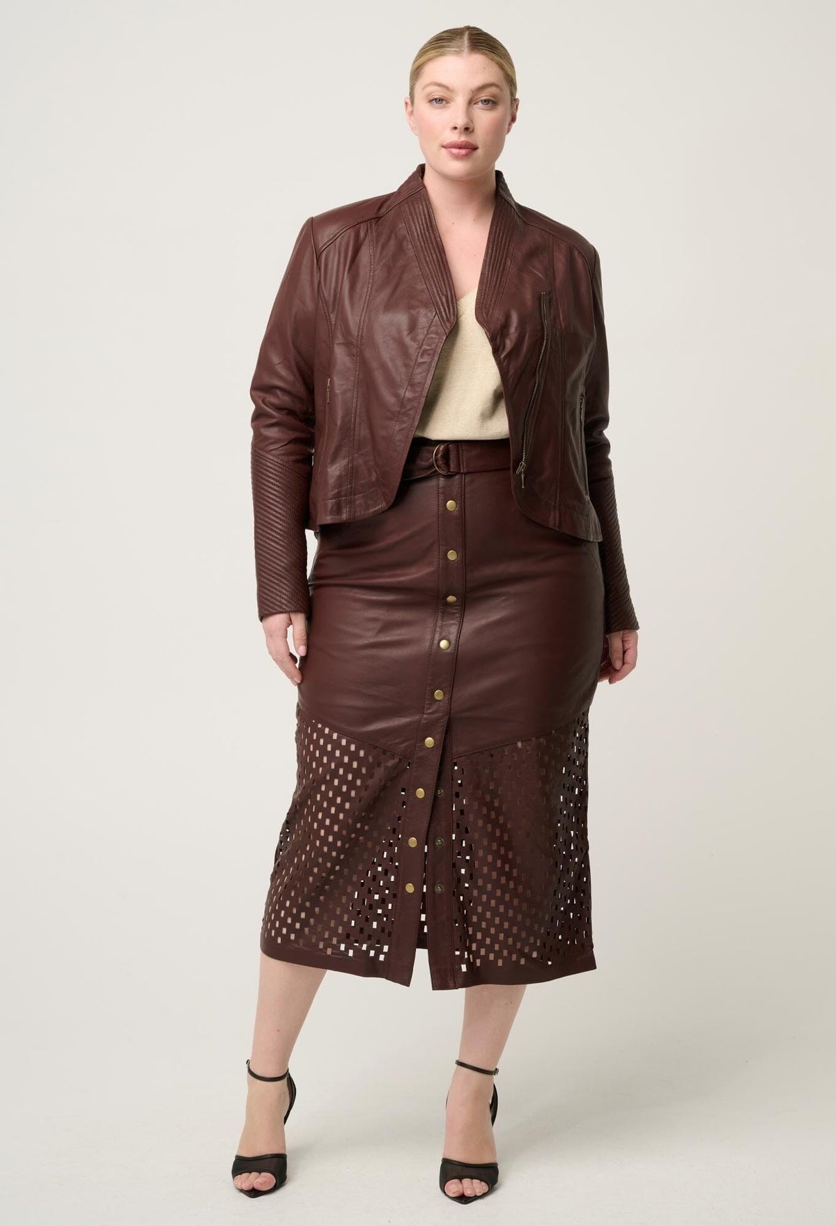 ONCE WAS Hypnotic Leather Custom Laser Midi Skirt - Oxblood Lattice Skirt - Zabecca Living