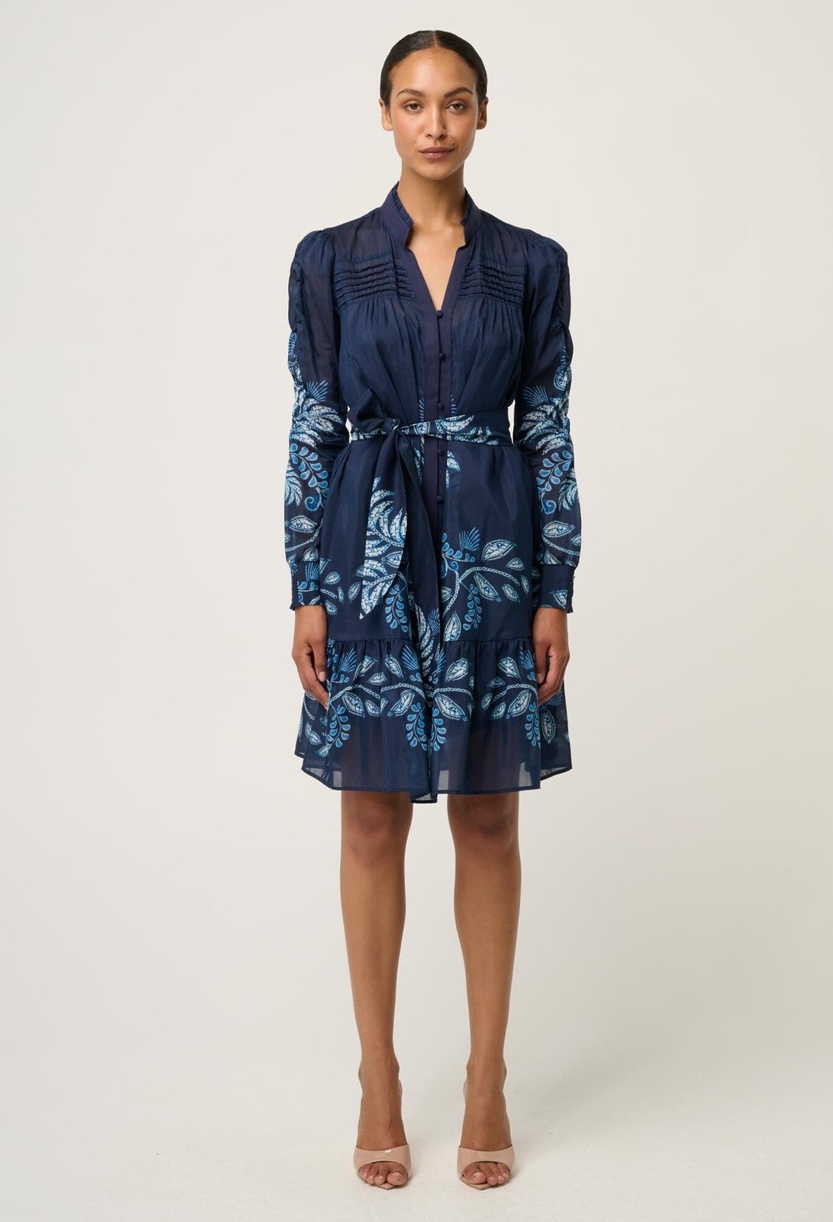 ONCE WAS Lanae Cotton Silk Print Ruched Sleeve Dress - Moonlit Batik Dress - Zabecca Living
