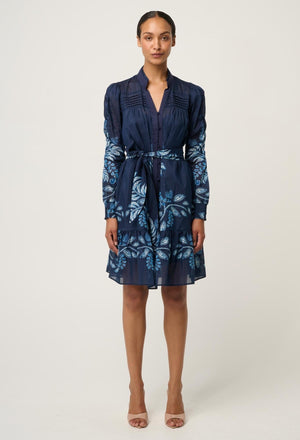 ONCE WAS Lanae Cotton Silk Print Ruched Sleeve Dress - Moonlit Batik Dress - Zabecca Living