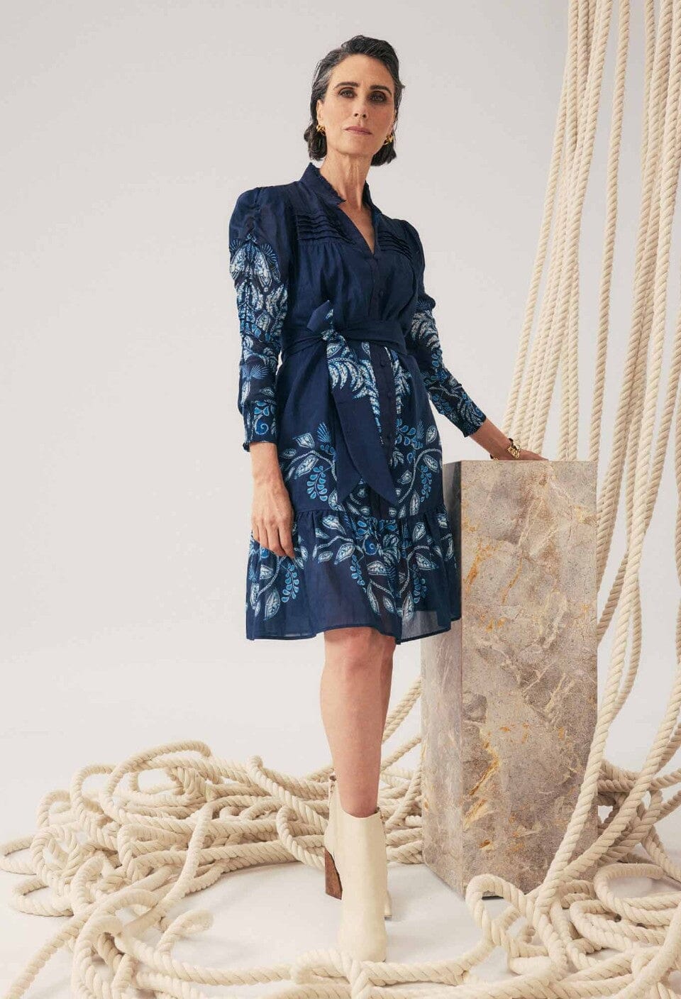 ONCE WAS Lanae Cotton Silk Print Ruched Sleeve Dress - Moonlit Batik Dress - Zabecca Living