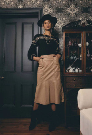 ONCE WAS Mabel Leather Skirt - Wheat Skirt - Zabecca Living