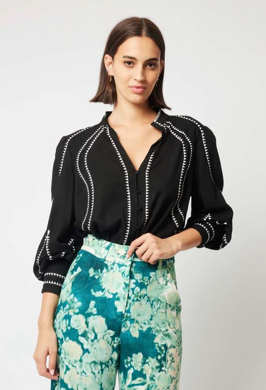 ONCE WAS Meridian Embroidered Cotton Shirt - Black Shirts &amp; Blouses - Zabecca Living