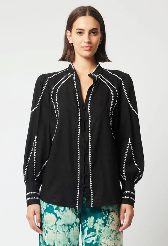 ONCE WAS Meridian Embroidered Cotton Shirt - Black Shirts &amp; Blouses - Zabecca Living