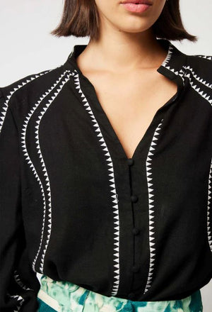 ONCE WAS Meridian Embroidered Cotton Shirt - Black Shirts & Blouses - Zabecca Living