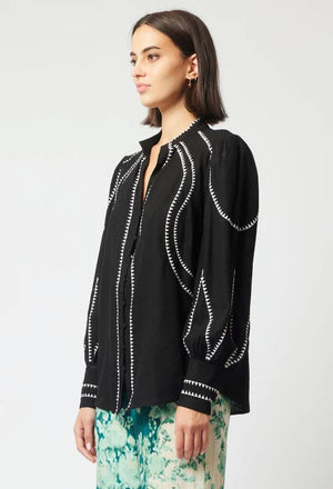 ONCE WAS Meridian Embroidered Cotton Shirt - Black Shirts & Blouses - Zabecca Living