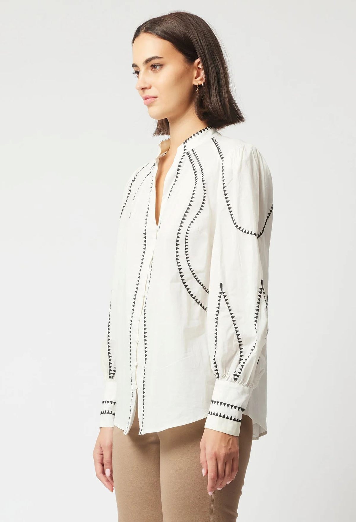 ONCE WAS Meridian Embroidered Cotton Shirt - Porcelain Shirts &amp; Blouses - Zabecca Living