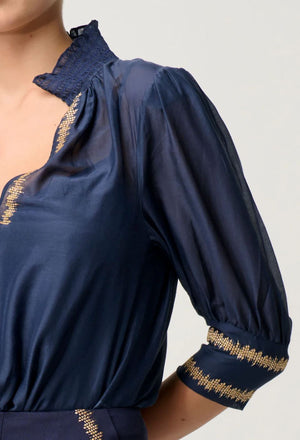 ONCE WAS Mustique Cotton Silk Embroidered Blouse - Ink Shirts & Blouses - Zabecca Living