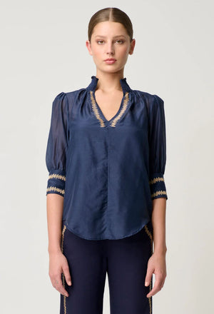 ONCE WAS Mustique Cotton Silk Embroidered Blouse - Ink Shirts & Blouses - Zabecca Living