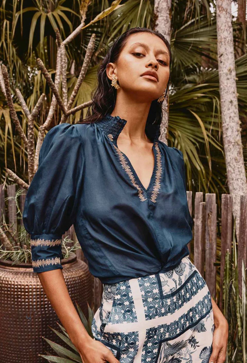 ONCE WAS Mustique Cotton Silk Embroidered Blouse - Ink Shirts & Blouses - Zabecca Living