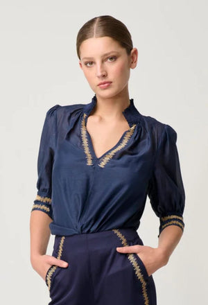 ONCE WAS Mustique Cotton Silk Embroidered Blouse - Ink Shirts & Blouses - Zabecca Living