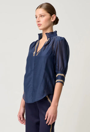 ONCE WAS Mustique Cotton Silk Embroidered Blouse - Ink Shirts & Blouses - Zabecca Living