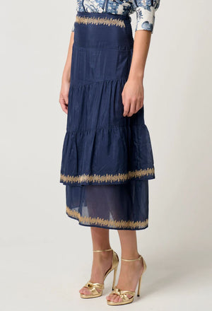 ONCE WAS Mustique Cotton Silk Embroidered Skirt - Ink Skirt - Zabecca Living