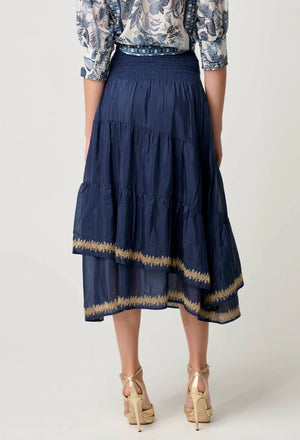 ONCE WAS Mustique Cotton Silk Embroidered Skirt - Ink Skirt - Zabecca Living