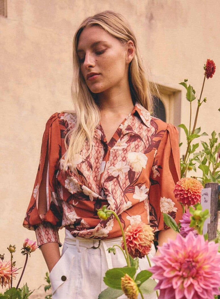 ONCE WAS Nerine Viscose Faille Cutout Sleeve Detail Print - Amber Vine Shirts & Blouses - Zabecca Living