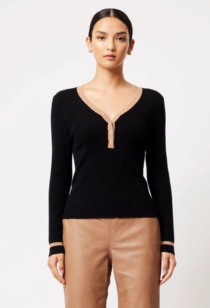 ONCE WAS Nova Merino Wool Knit Top - Black/Husk Jumpers + Knitwear - Zabecca Living