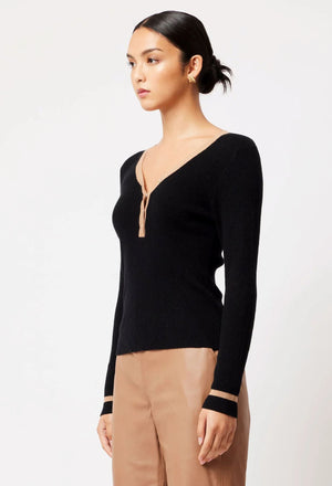 ONCE WAS Nova Merino Wool Knit Top - Black/Husk Jumpers + Knitwear - Zabecca Living