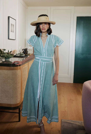 ONCE WAS Panama Viscose Linen Maxi Dress - Capri Stripe Dress - Zabecca Living