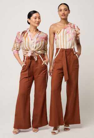 ONCE WAS Petite Grace Tencel Linen Contrast Bind Pant - Caramel PANTS - Zabecca Living