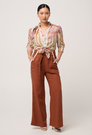 ONCE WAS Petite Grace Tencel Linen Contrast Bind Pant - Caramel PANTS - Zabecca Living